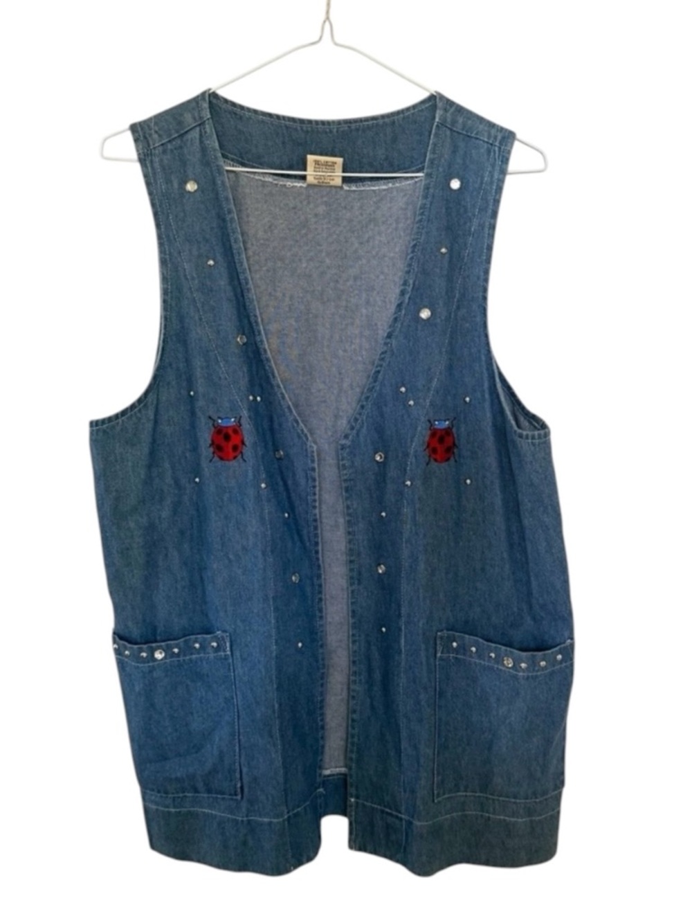Vintage Studded Denim Vest Women’s Small Blue Made in USA Pockets Ladybug Boho